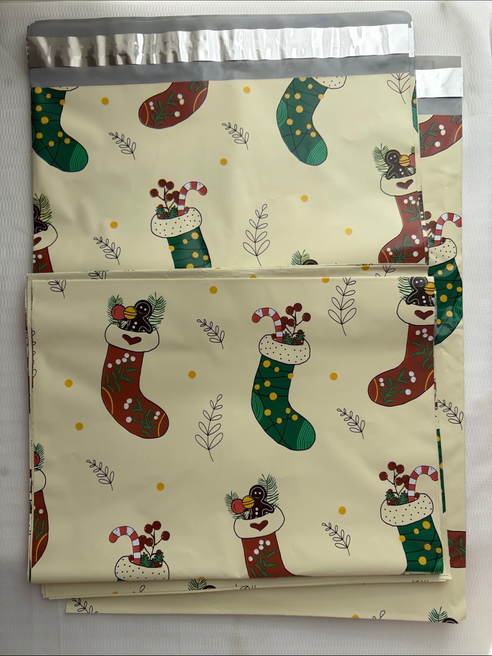 Set of (10) Christmas Stocking Pattern Poly-Mailers 10”x 13”
